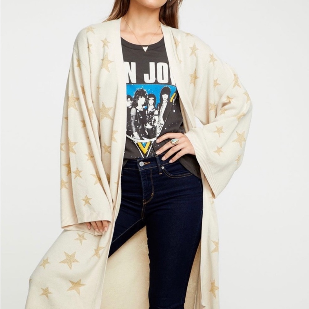 Chaser Cream Longline Duster/Cardigan with Gold Metallic Stars